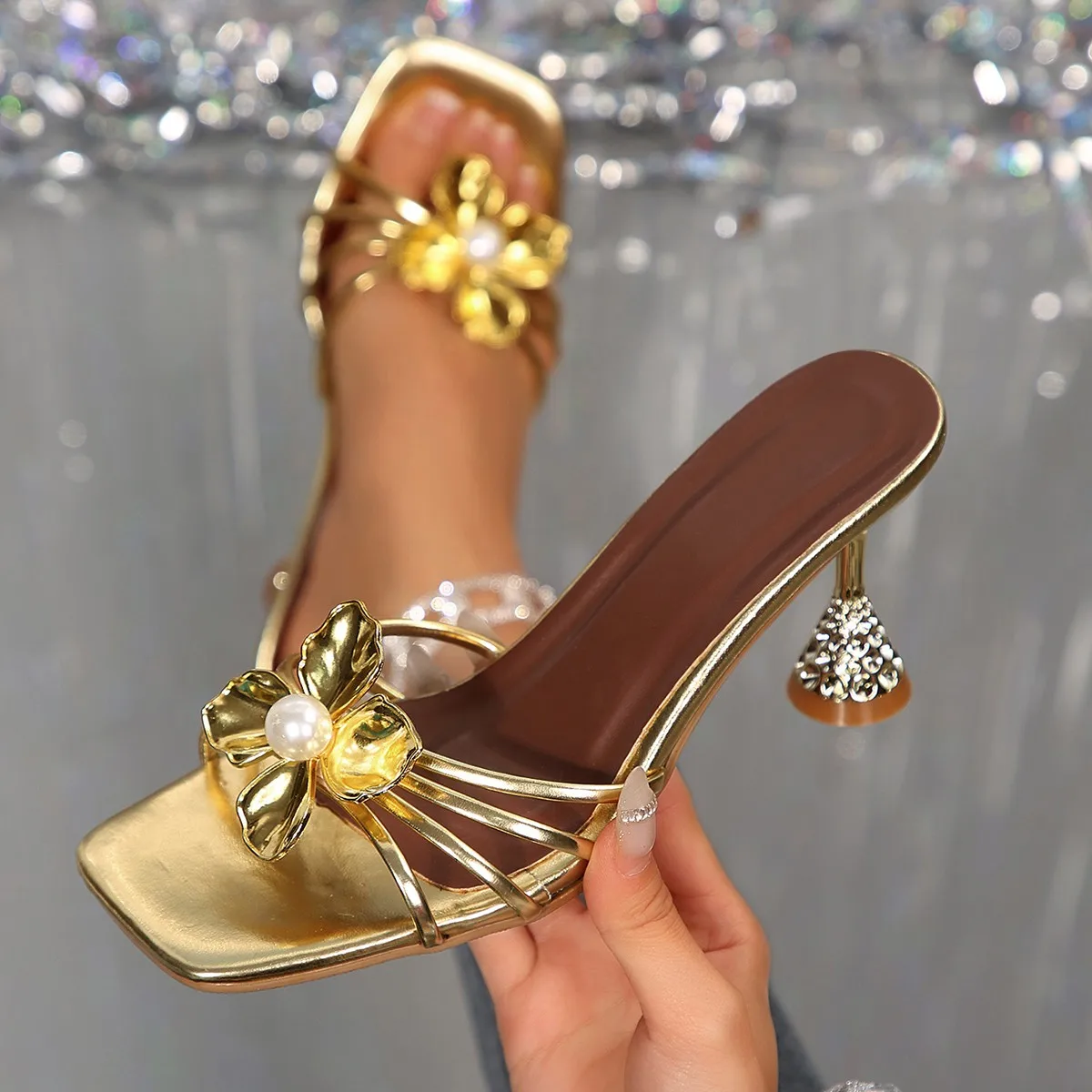 Summer Clothing Dress - Vintage Metal Flower Crystal Cone Heel